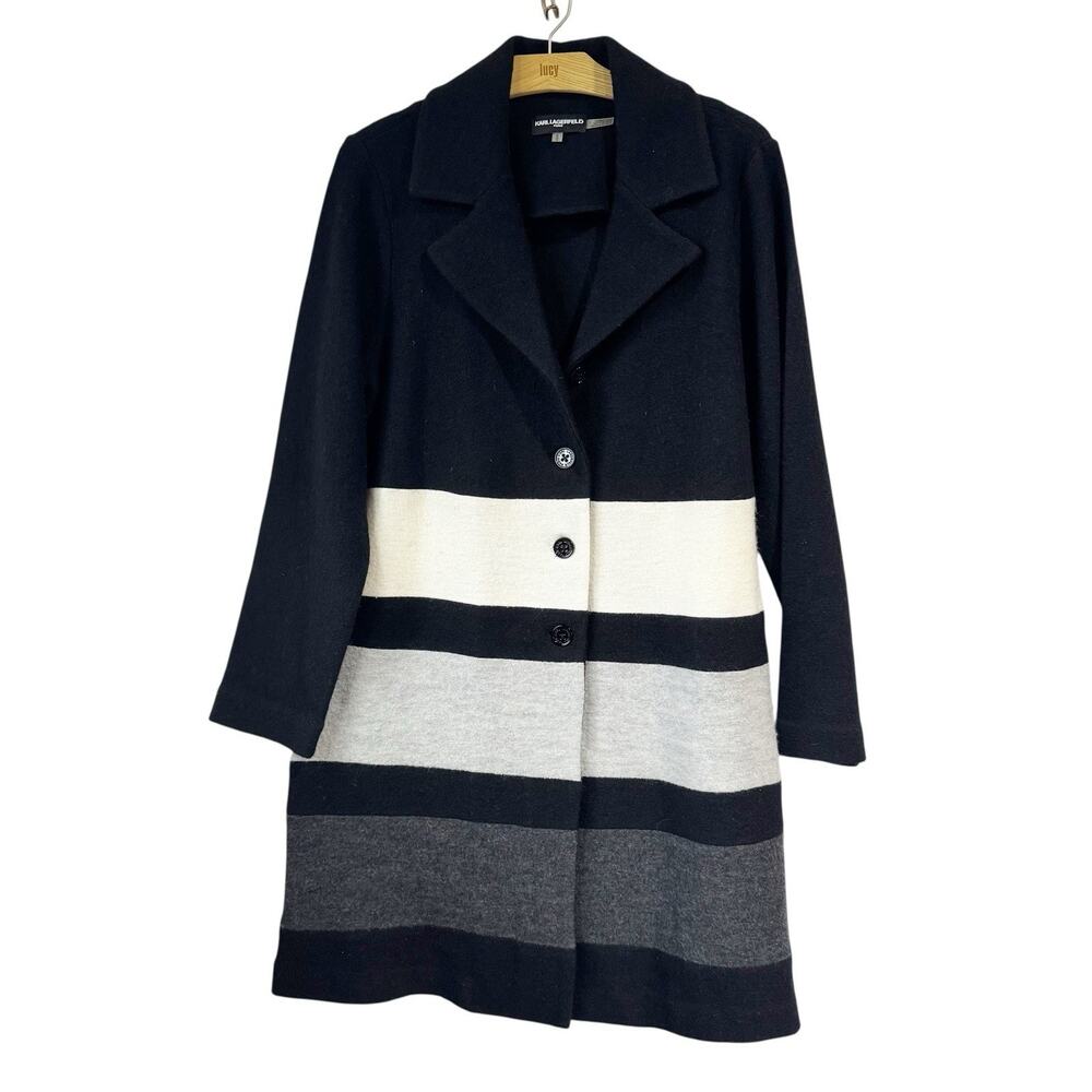 Karl Lagerfeld Paris Long Colorblock Striped Jacket Size Medium Wool‎ Blend